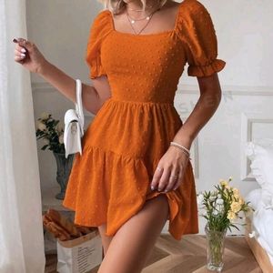 SHEIN VCAY Swiss Dot Tie Backless Puff Sleeve Ruffle Hem Dress
